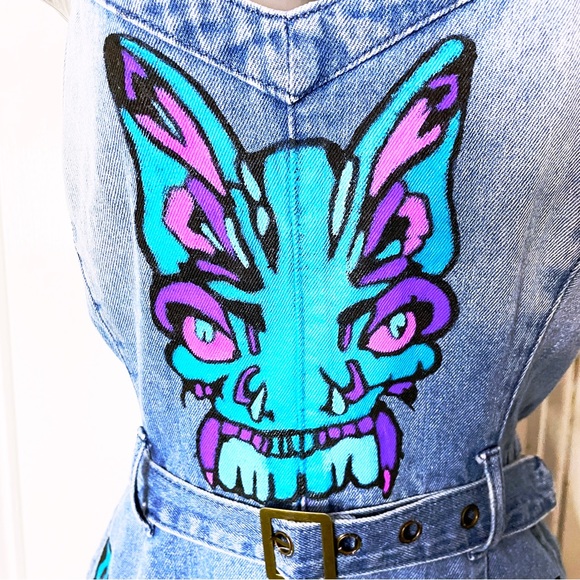 Punk Repurposed Blue Denim Play Suit Painted With Original Butterfly Art Work. - Picture 4 of 8